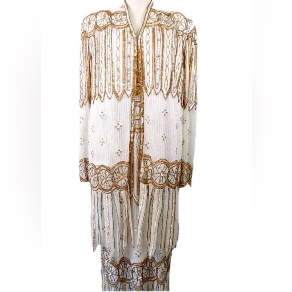 VTG 70s Gold Beaded Fringe Lace Bohemian Style Midi Dress & Duster Jacket Set XL